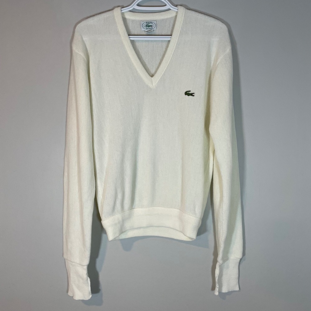 VTG Izod Lacoste V-Neck Sweater Cream Womens Orlon Acrylic Logo USA Medium 80s
